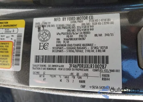 2020 Ford Fusion Hybrid Titanium z USA, uszkodzony, nr VIN 3FA6P0RUXLR100287